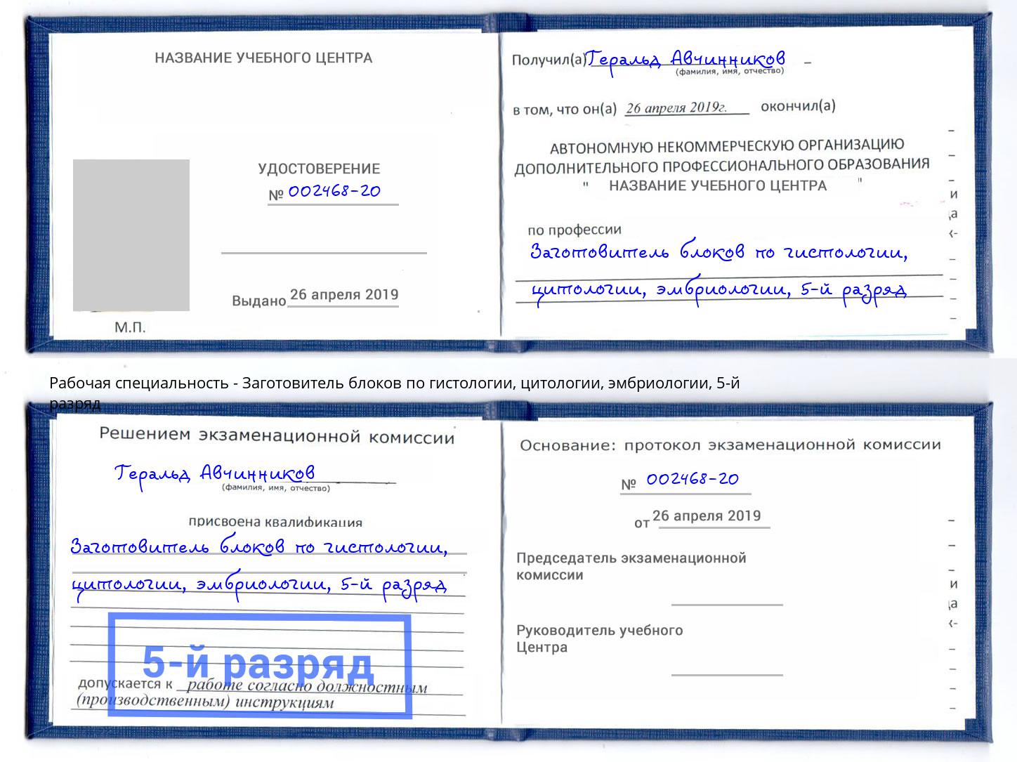 корочка 5-й разряд Заготовитель блоков по гистологии, цитологии, эмбриологии Городец