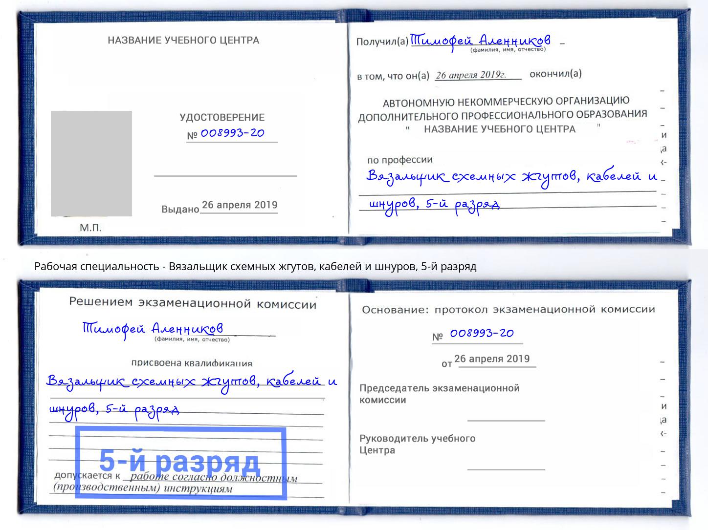 корочка 5-й разряд Вязальщик схемных жгутов, кабелей и шнуров Городец