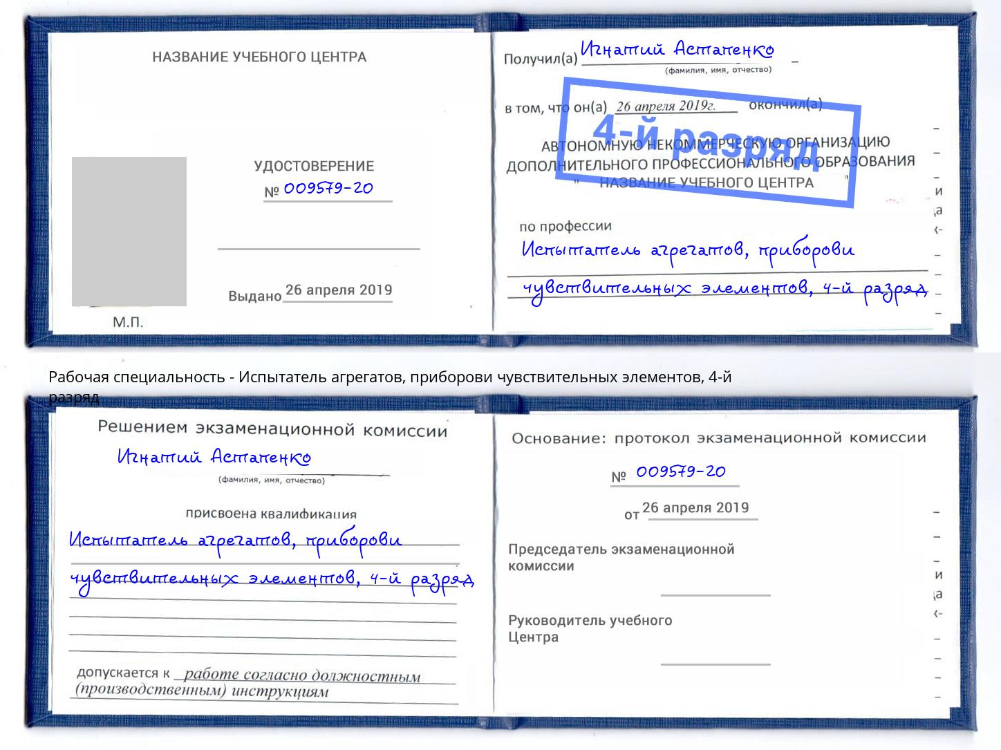 корочка 4-й разряд Испытатель агрегатов, приборови чувствительных элементов Городец