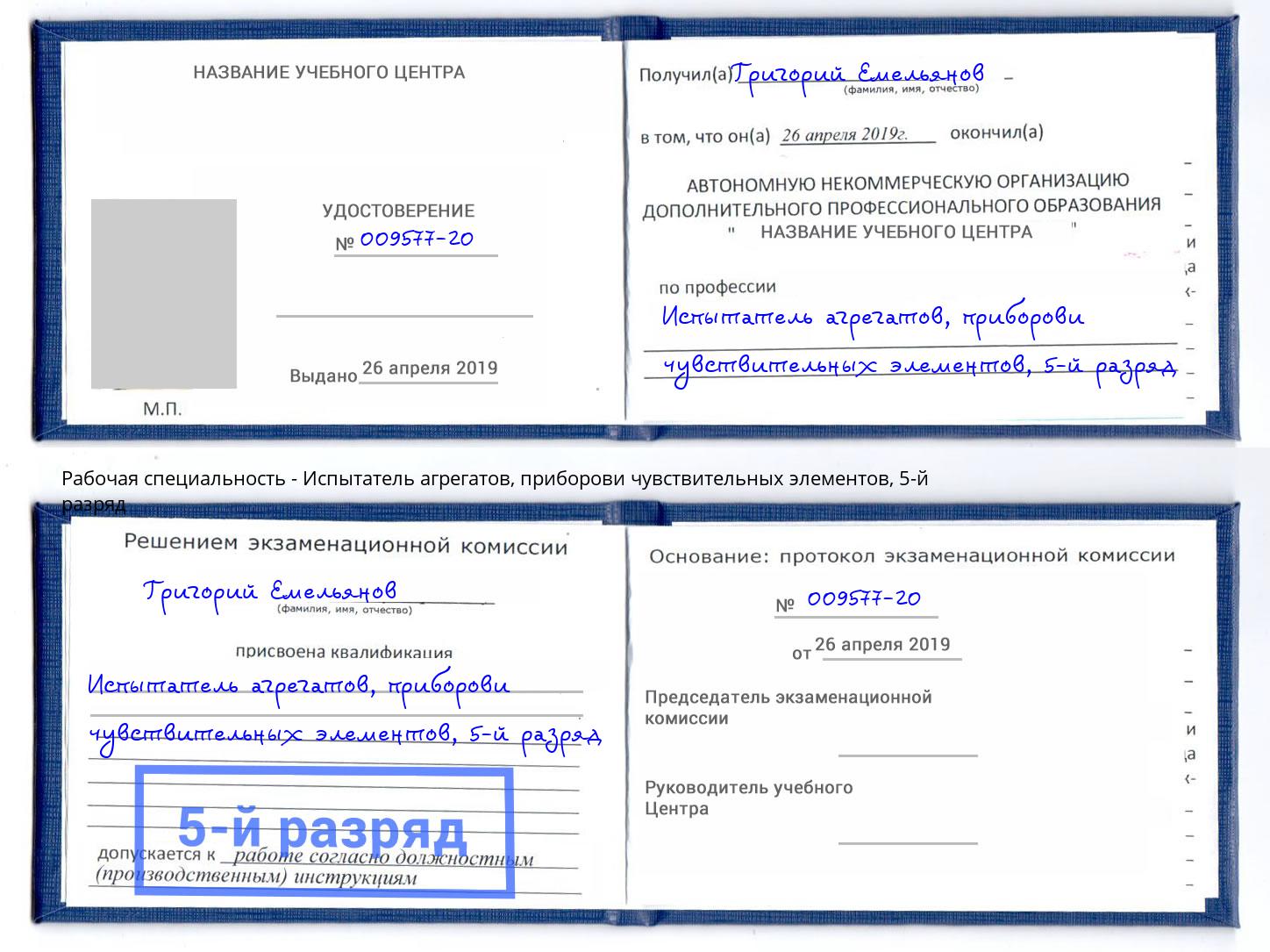 корочка 5-й разряд Испытатель агрегатов, приборови чувствительных элементов Городец