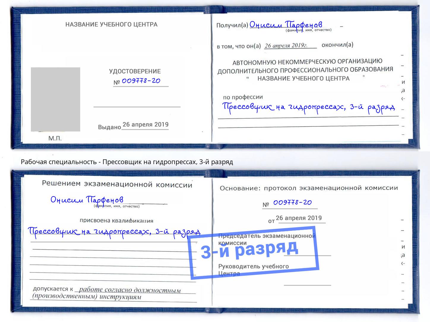 корочка 3-й разряд Прессовщик на гидропрессах Городец