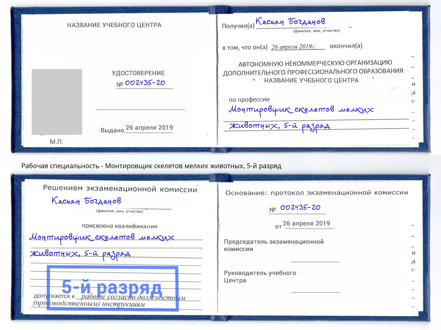 корочка 5-й разряд Монтировщик скелетов мелких животных Городец