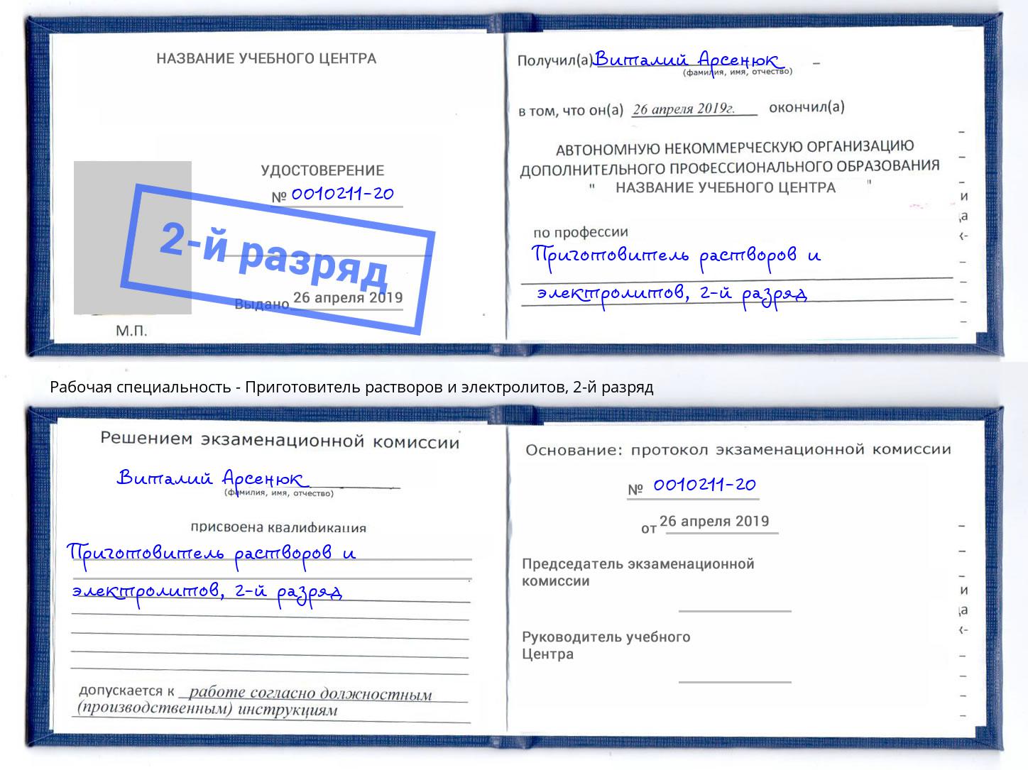 корочка 2-й разряд Приготовитель растворов и электролитов Городец