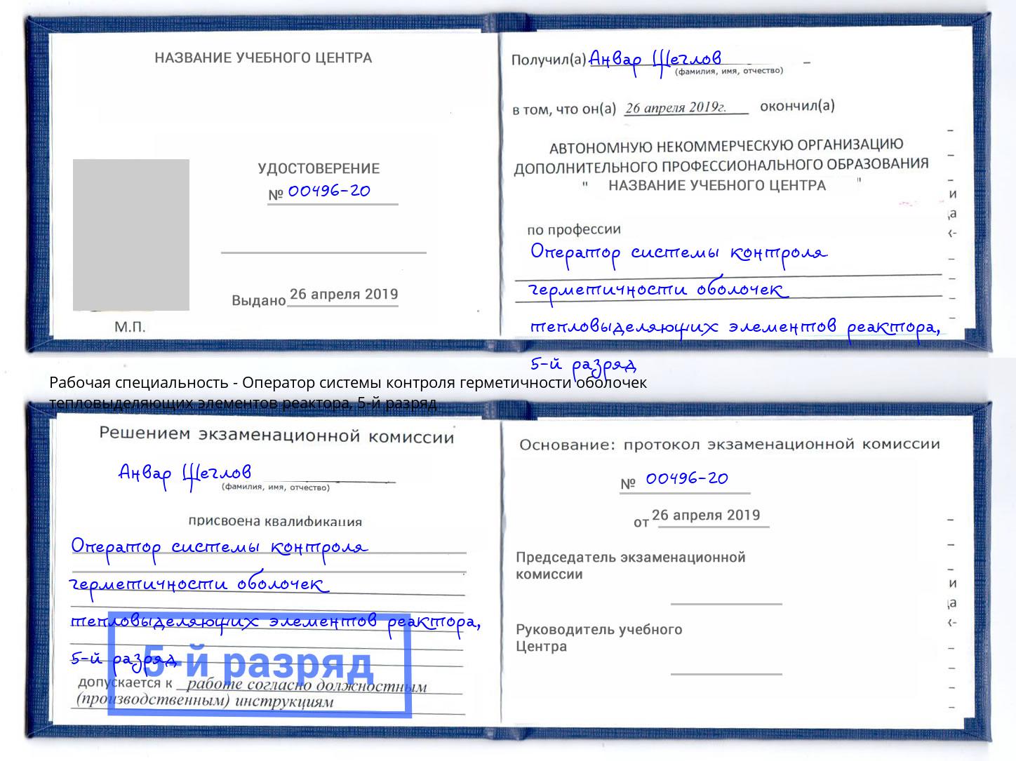корочка 5-й разряд Оператор системы контроля герметичности оболочек тепловыделяющих элементов реактора Городец