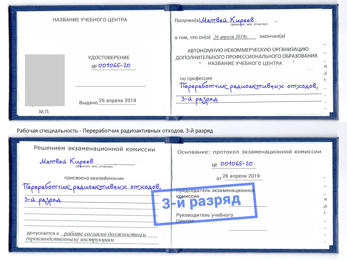 корочка 3-й разряд Переработчик радиоактивных отходов Городец