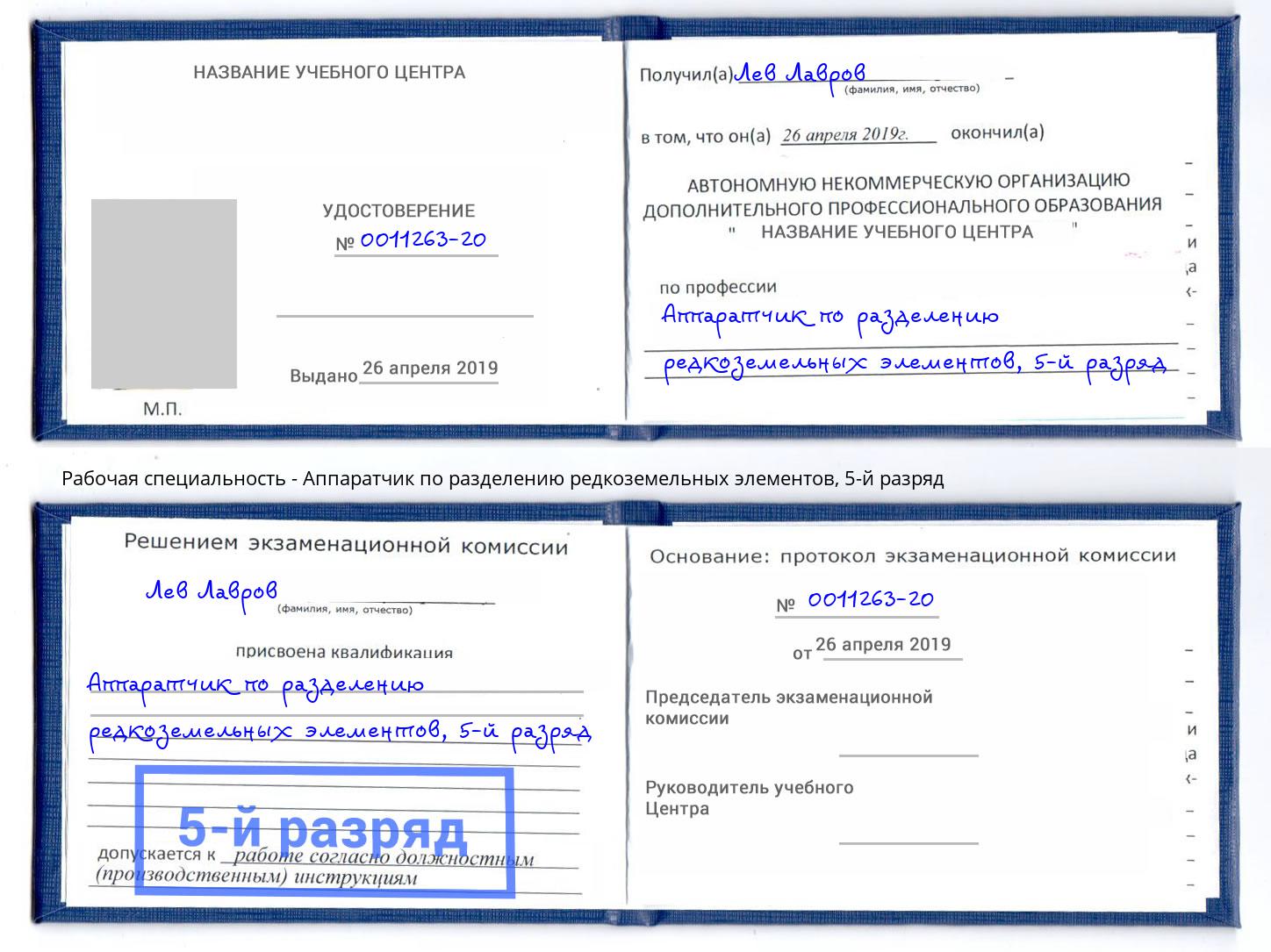 корочка 5-й разряд Аппаратчик по разделению редкоземельных элементов Городец