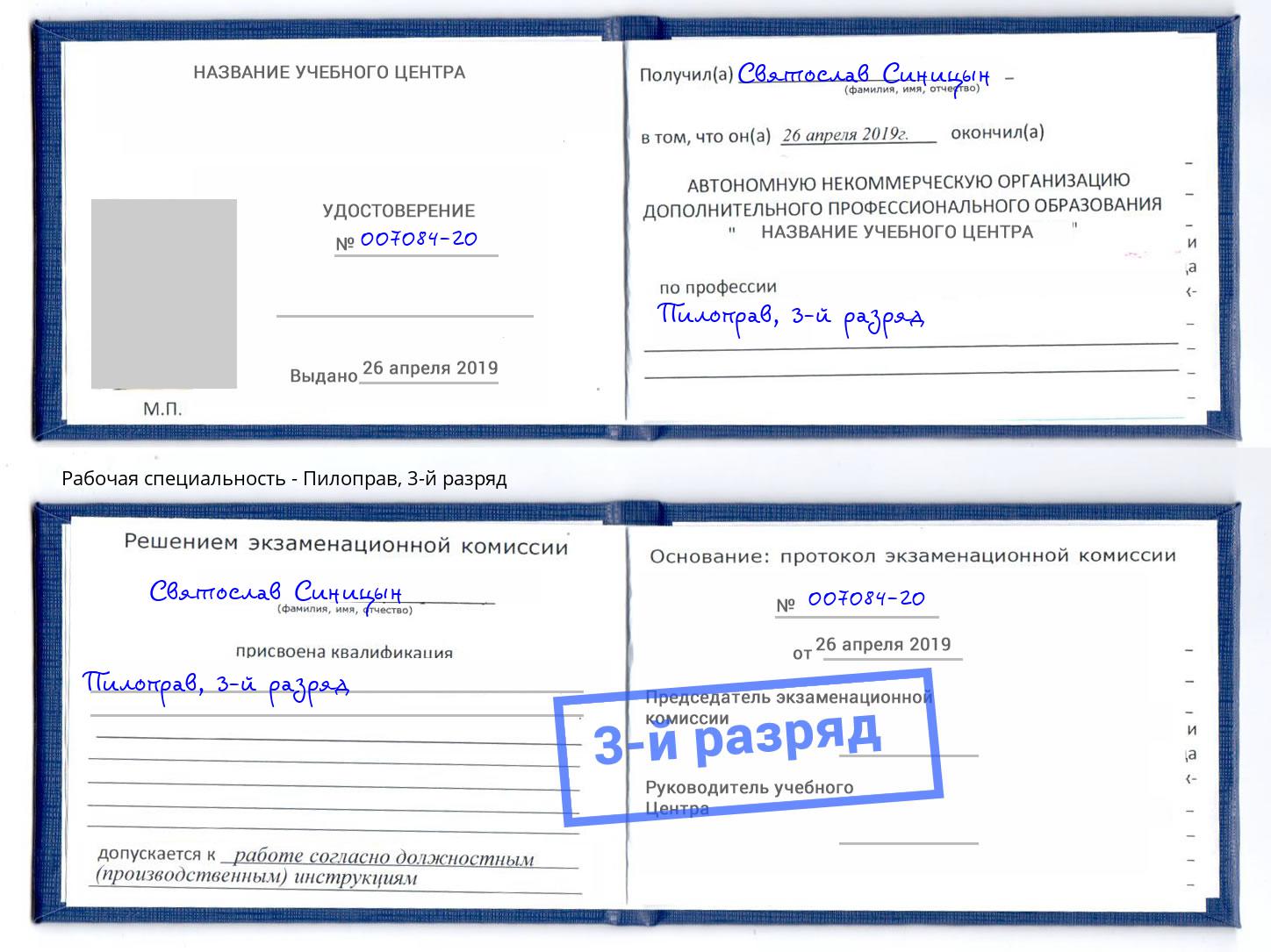 корочка 3-й разряд Пилоправ Городец