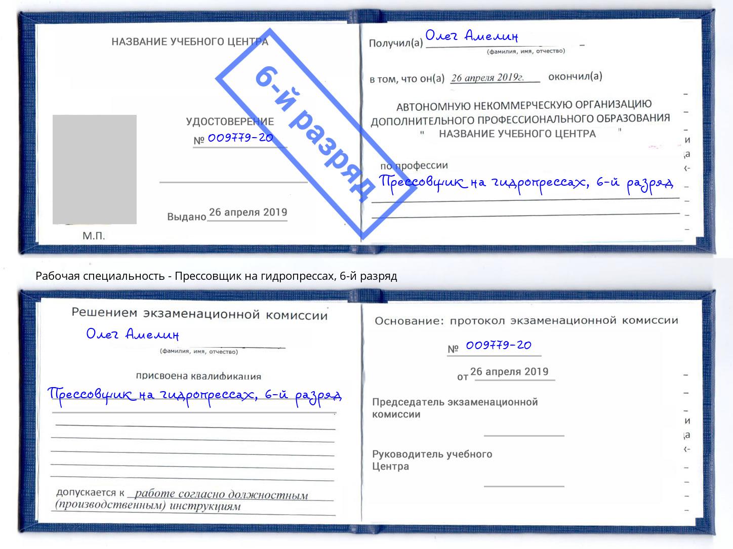 корочка 6-й разряд Прессовщик на гидропрессах Городец